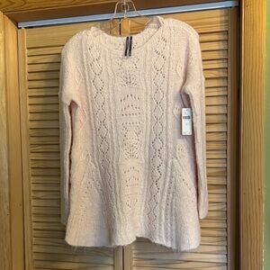 Anthropologie Pale Pink Cable & Lace Knit Crew Sweater